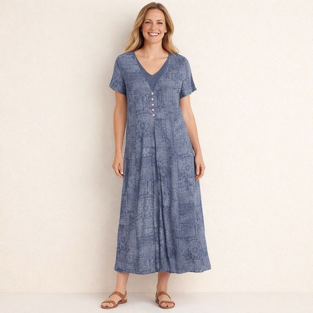 J. Jill Dress Women 16 Blue Sheer Silk Maxi Coastal Sophisticated Quiet Luxury